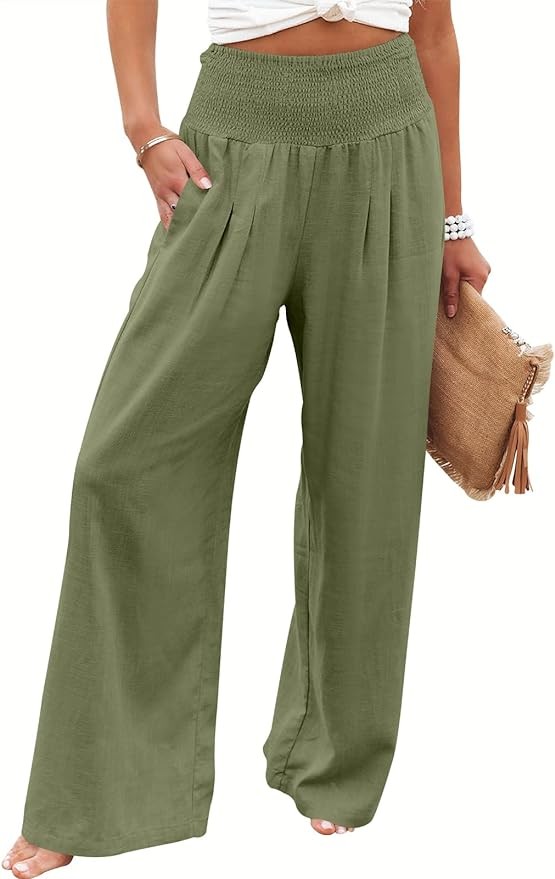 ANRABESS Women Linen Palazzo Pants Summer Boho Wide Leg Casual Lounge Pants 2024 Trendy Beach Travel Vacation Outfits