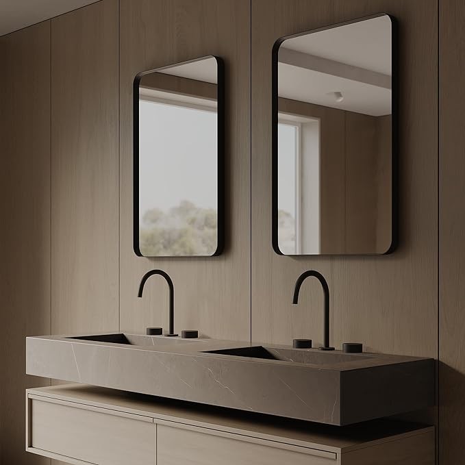 ELEMENTO 24” x 36” Black Metal Bathroom Mirror | Modern Rectangular Wall Mirror | Rounded Corners | Metal Frame with Tempered Glass | Matte Black Mirror for Bathroom Vanity