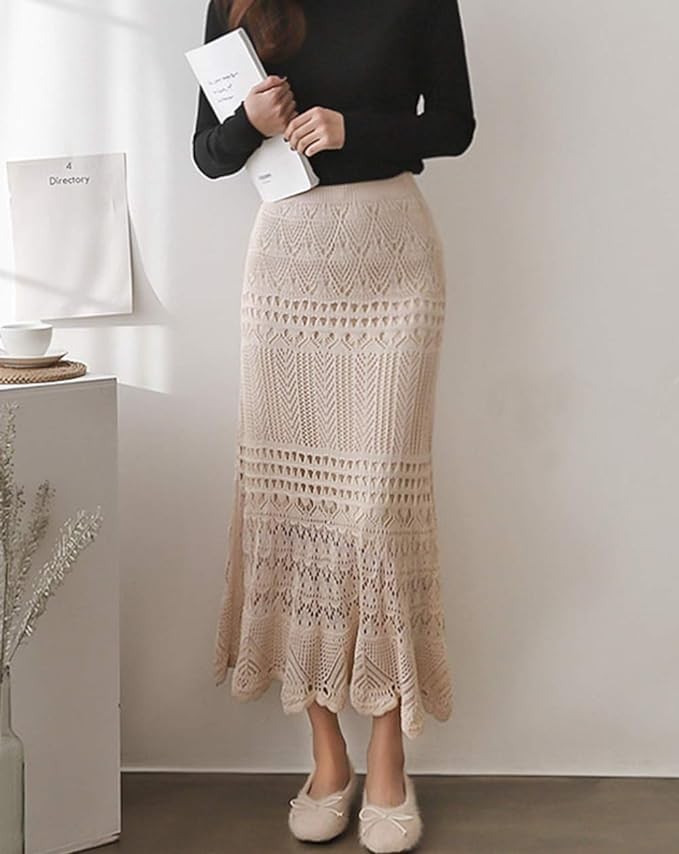 chouyatou Women's Stretched High Waist Crochet Hollow Out Knit Flowy Patterned Lace Maxi Skirt