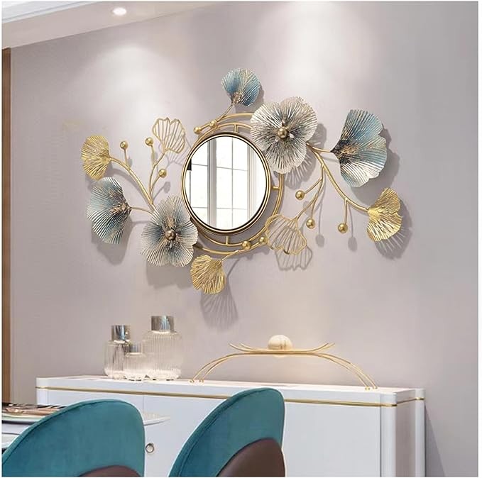 Hoernflk Large Wall Decorative Mirror for Living Room,Creative Wall-Mounted Metal Ginkgo Leaf Hanging Wall Mirror for Bedroom Entryway Dining Room,32 * 19IN