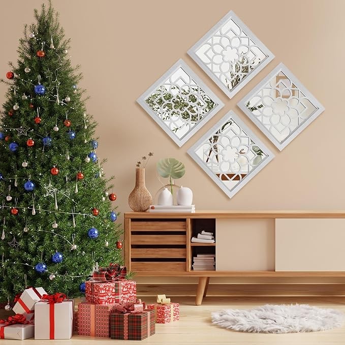 Beeveer 4 Pcs 11.8 x 11.8 Inch Square Decorative Wall Mirror Modern Mirrored Wall Decor Wood Framed Wall Mounted Decorative Mirrors for Wall Decor Bedroom Kitchen Living Room(White)
