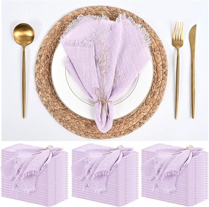 60 Pack Lavender Napkins Cotton Linen Napkins 16 x 16 Inch Lilac Napkins Handmade with Fringe Soft Napkins Cloth Washable Rustic Dinner Napkins Cloth for Wedding Party Dinner Table