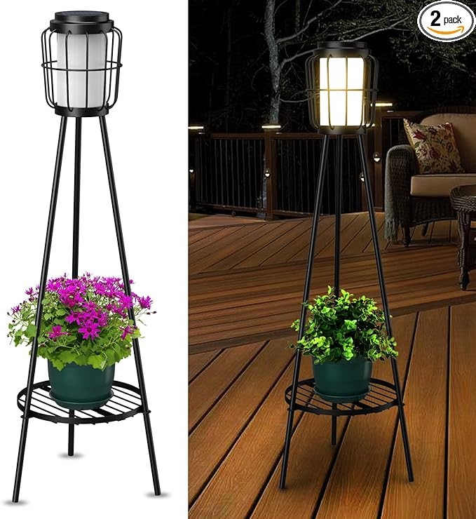 2 Pack Solar Lights Outdoor with Plant Stands, Solar Floor Lamp, Solar Powered Street Lights Metal Tripod Deck Lights for Garden Yard Pathway Driveway Porch