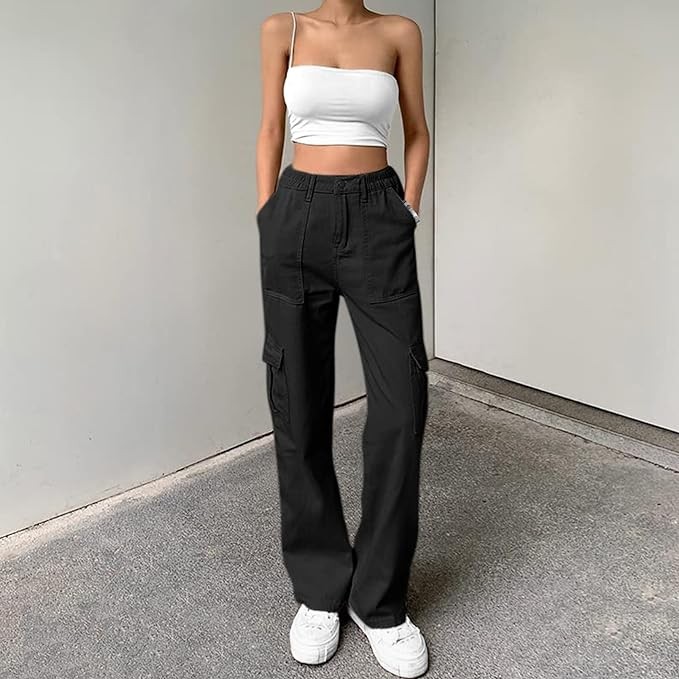 Lepunuo Cargo Pants for Women High Waisted Casual Pants Baggy Stretchy Wide Leg Y2K Streetwear with 6 Pockets