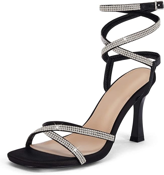 Coutgo Women's Rhinestone Strappy Heel Sandals Open Square Toe High Stiletto Heels Wedding Shoes