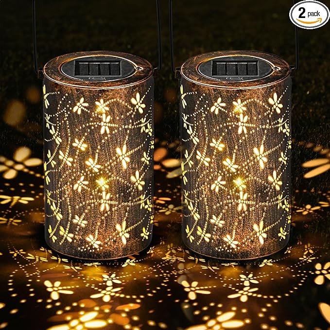 Set of 2 Solar Lanterns Outdoor Hanging Lantern Lights, 3D-Dynamic Dragonfly Hollowed-Out Metal Decor Lantern, Waterproof LED Decorative Garden Light for Patio, Yard, Pathway, Landscape