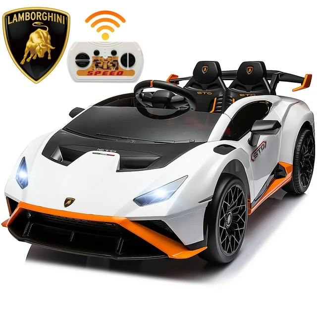 iRerts White 24V Kids Ride On Cars with Remote Control, Lamborghini Huracan Sto Powered Ride on Trucks for Boys Girls Gifts, Ride on Toys with Bluetooth, USB Ports, Music, LED Lights, 360° Spin, Drift