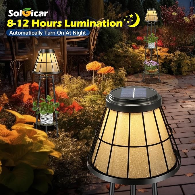 45.4'' Metal Outdoor Solar Floor Lamps 2 Pack, Waterproof Solar Lantern Lights with 2 Plant Stand, Solar Lights Plant Stand for Patio Deck Yard Pathway Porch Garden- Black